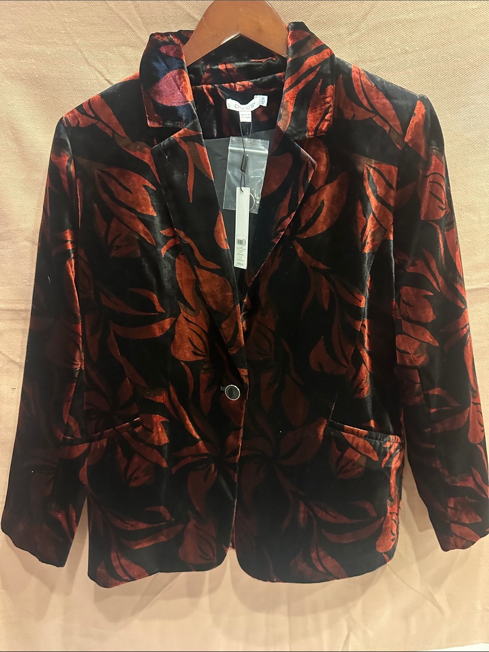 Chico's Black Velvet Blazer with Red Leaf Pattern